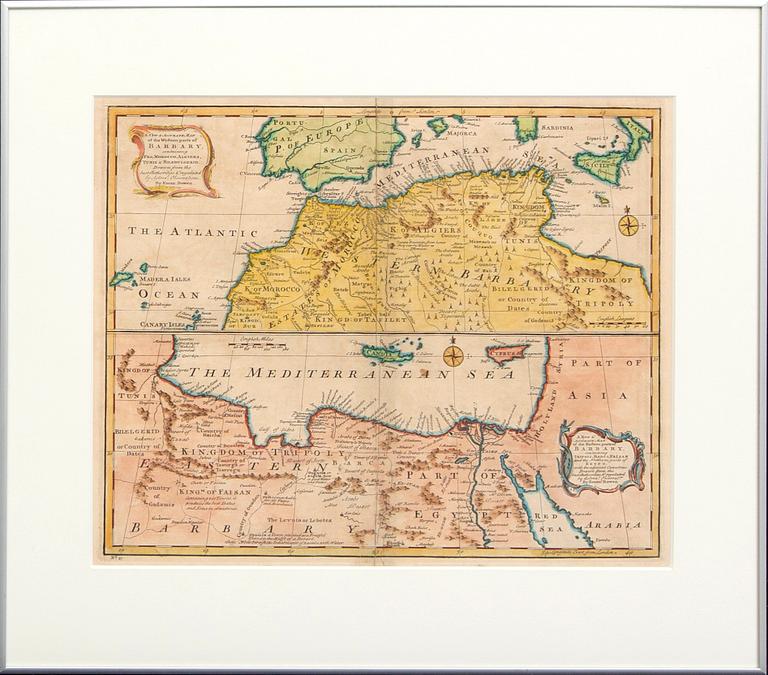 Emanuel Bowen, karta Medelhavet Nordafrika, handkolorerat kopparstick, London 1744.
