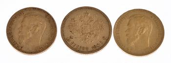 MYNT, 3 st, guld, 5 rubel, Ryssland 1898, 1899, 1901. Totalvikt 12 gram.