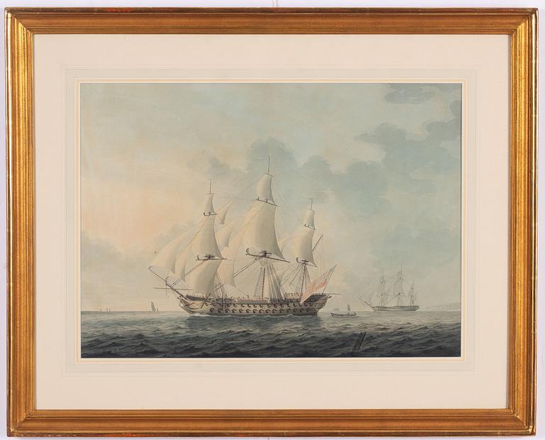 H Evans, 17th/18th century, English line ship off the coast.