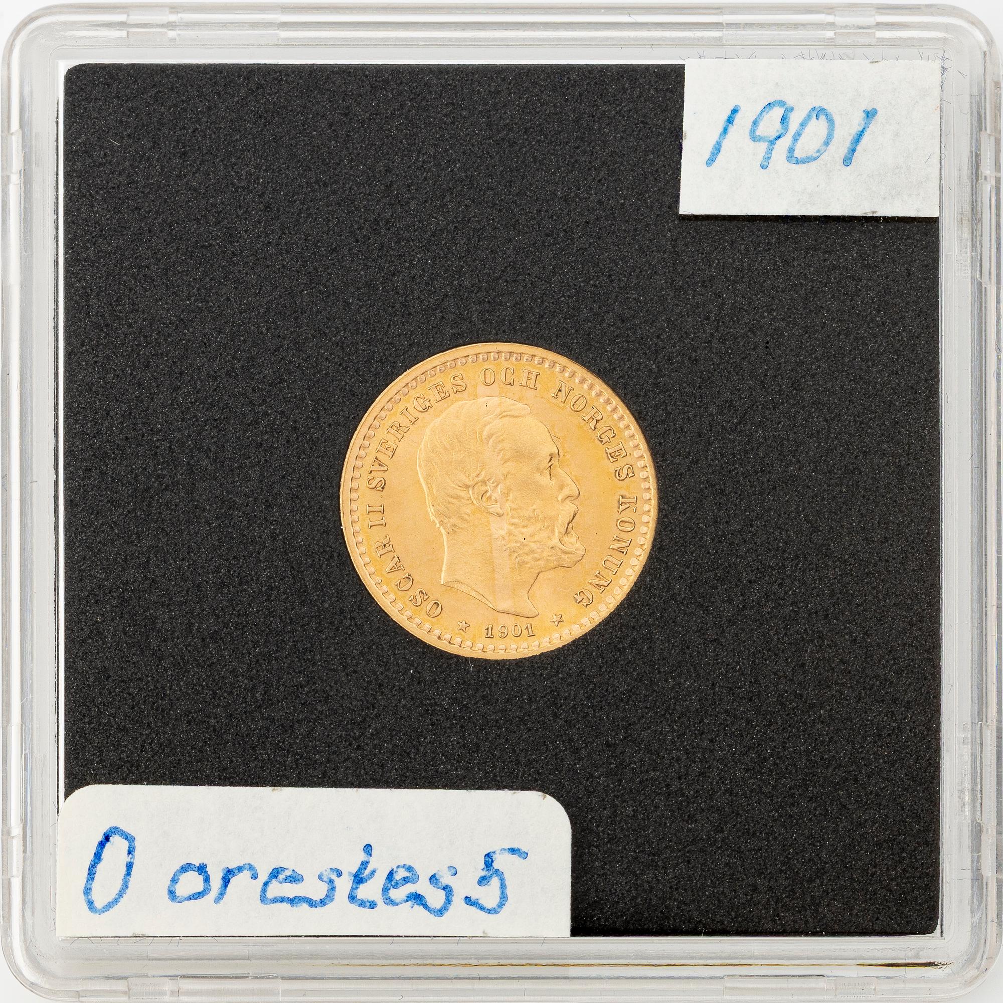 Gold coin, Oscar II, 5 kronor, type II, Sweden 1901.