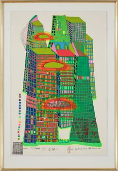 Friedensreich Hundertwasser · FRIEDENSREICH HUNDERTWASSER, Färgserigrafi med metallprägling, 1969, signerad med tusch 1537/10.000