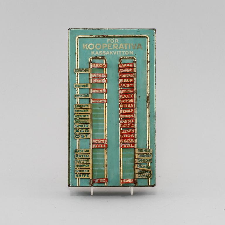 INKÖPSTAVLA TILL HUSHÅLLET, plåt, 1930/40-tal.