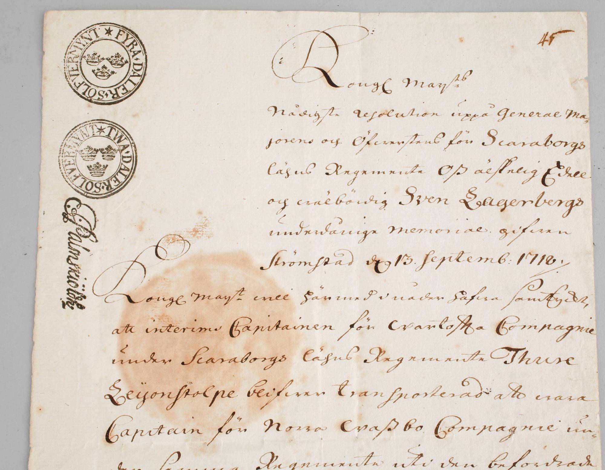 A letter from the swedish king Karl XII, signed Carolus and dated 1718.