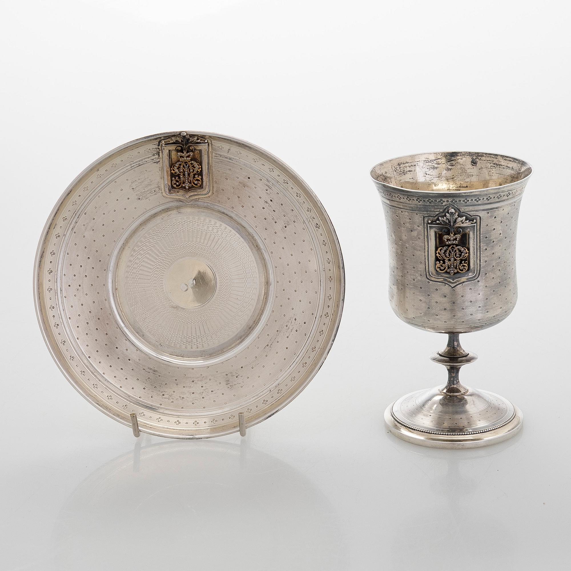 Philippe Berthier, bägare med fat, silver (.950), diamanter, Paris, 1800-talets mitt.