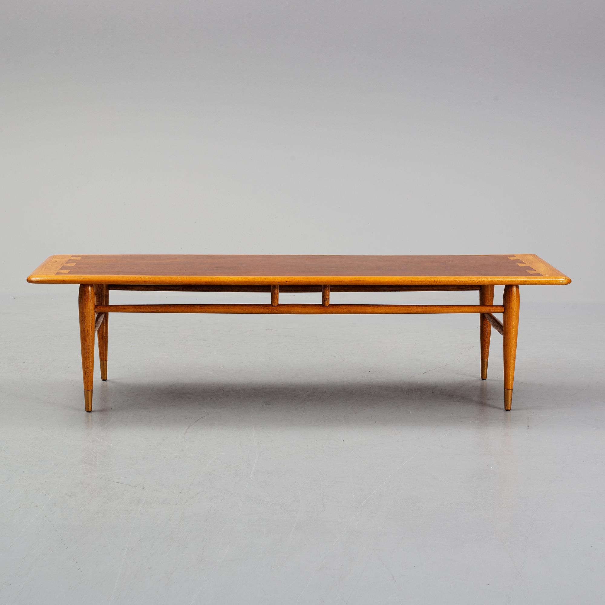 An oak and teak coffee table marked 'Lane Altavista, VA.'.