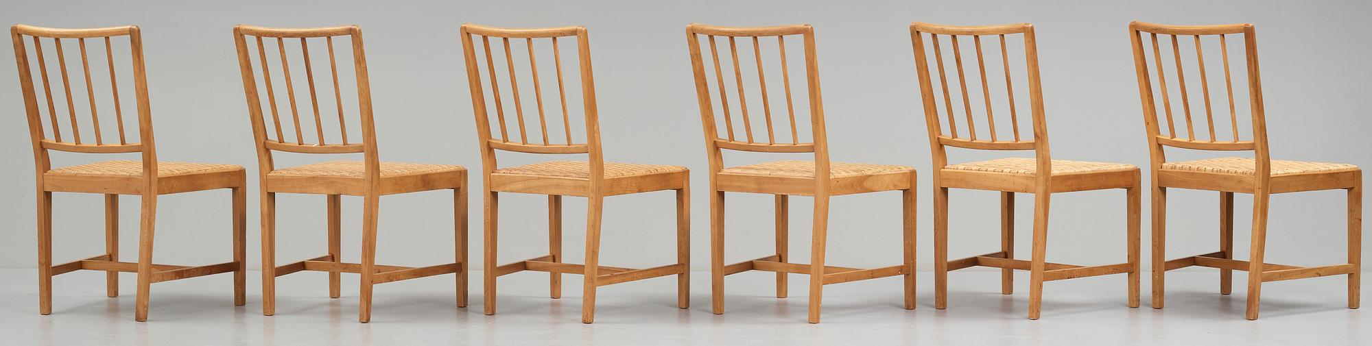 JOSEF FRANK, a set of six elm and rattan dining chairs, model 800.