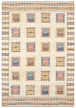 922. CARPET. "Ljusa plador". Rölakan (flat weave). 296,5 x 203 cm. Signed AB MMF (AB Märta Måås-Fjetterström).