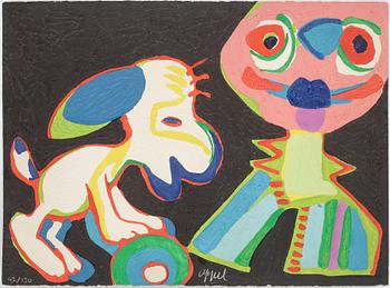 Karel Appel · KAREL APPEL, färgträgravyr med reliefprägling, signerad med vit krita och numerad 43/130.