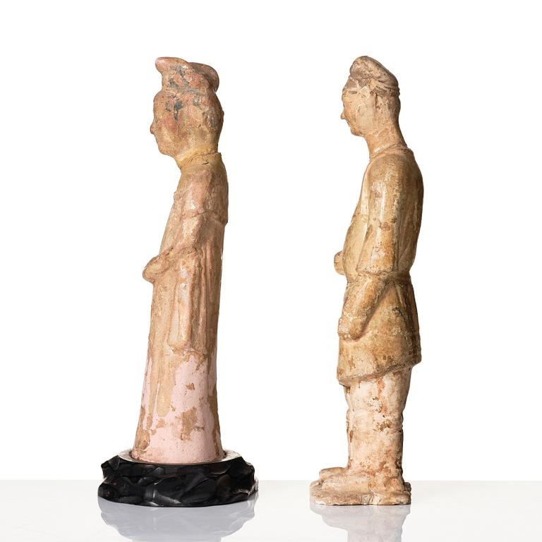 Two yellow glazed pottery figures, Tang/Sui dynasty.