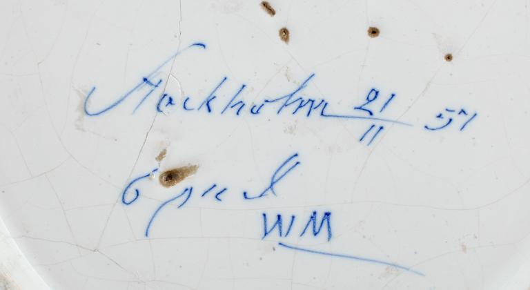 TALLRIK, fajans, Johan Waltman, Marieberg, daterad 21/11 57, 1700-tal.