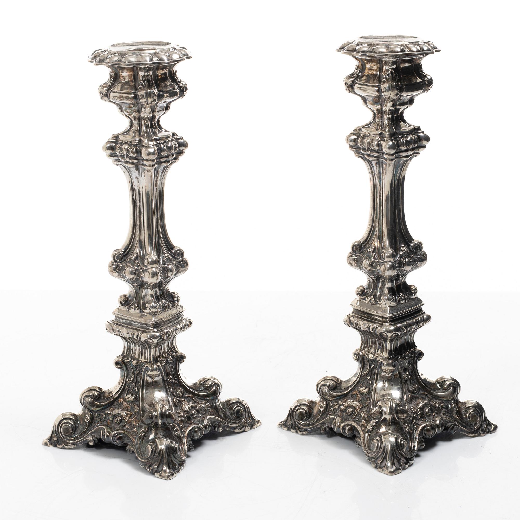Gustaf Theodor Folcker, a pair of baroque style silver candle sticks, Stockholm, Sweden, 1846.