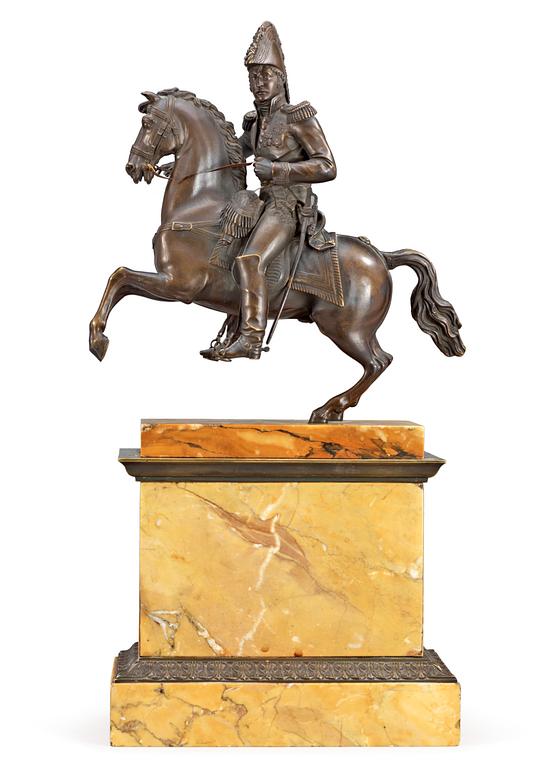 A French first half 19th century equestrian bronze and Sienna marble veneered statue.