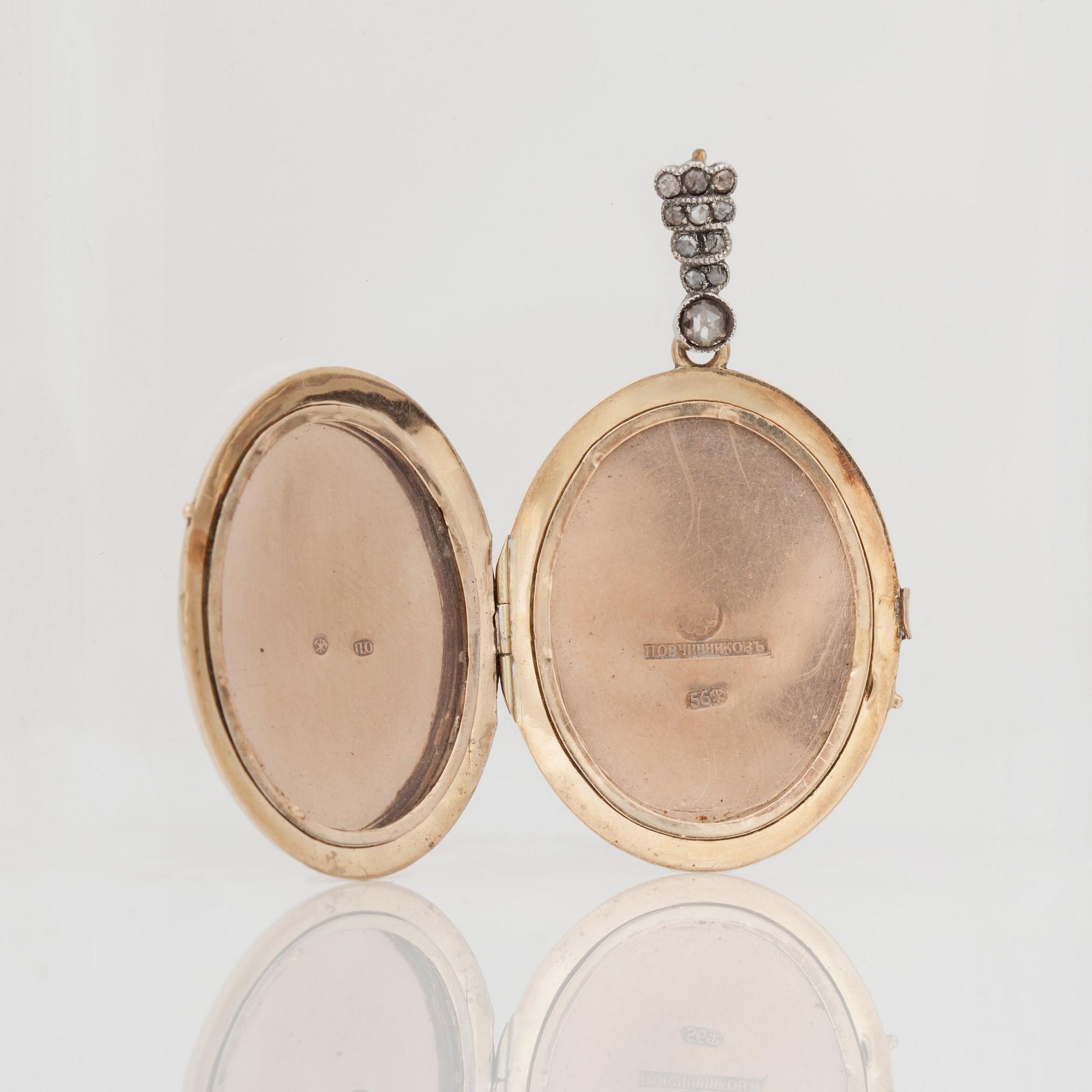 HÄNGE/MEDALJONG med gammalslipade diamanter samt emalj. Verkmästare P. Ovchinnikoff, S:t Petersburg 1870- 1895.