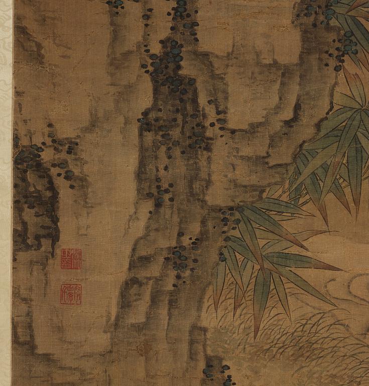 A Song style hanging scroll with birds, by an unidentified artist signed Wu Zhu, late Qing dynasty (1644-1912).