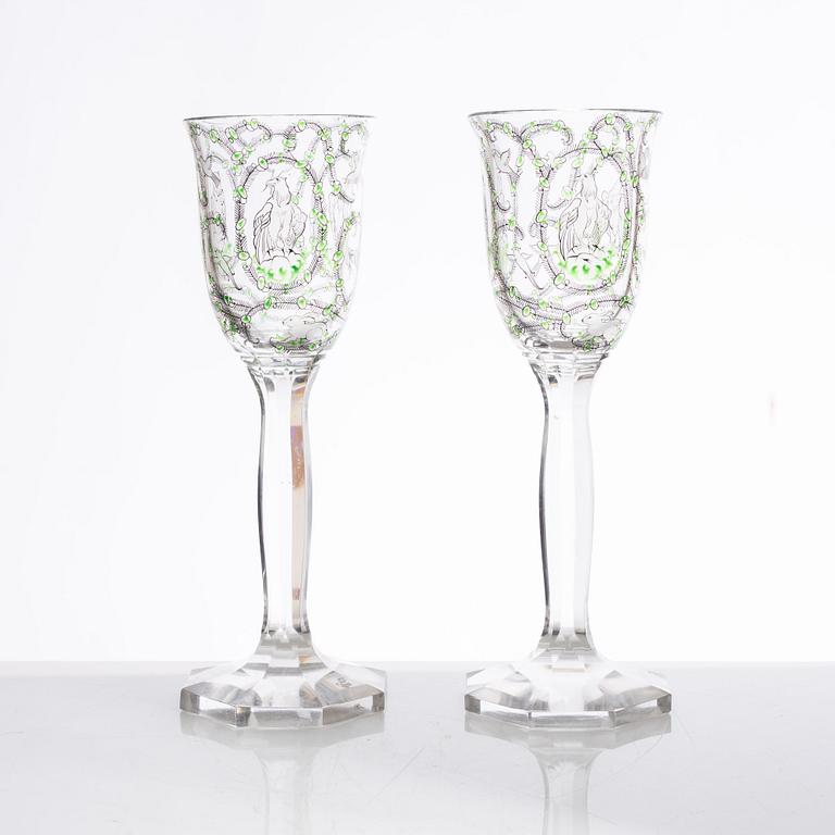 A pair of Jugend wine glasses/goblets, possibly Bohemia, early 20th century.