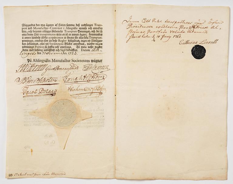 A Swedish share certificate, Ahlingsåhs Manufaktur Werk, No 476, 1728.