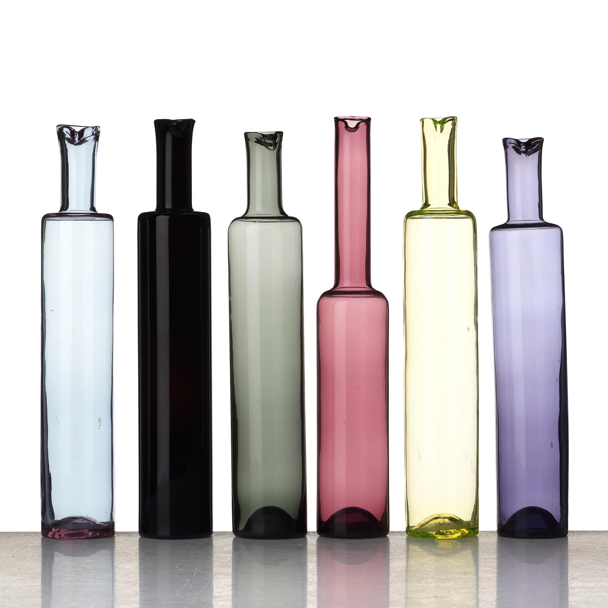 Nanny Still, a set of six different coloured glass bottles/vases, Riihimäen Lasi Oy, Finland, mid 20th century.