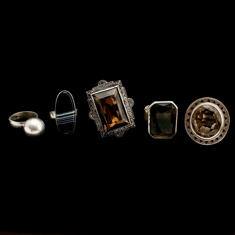 RINGAR, 5 st, silver, med olika stenar.