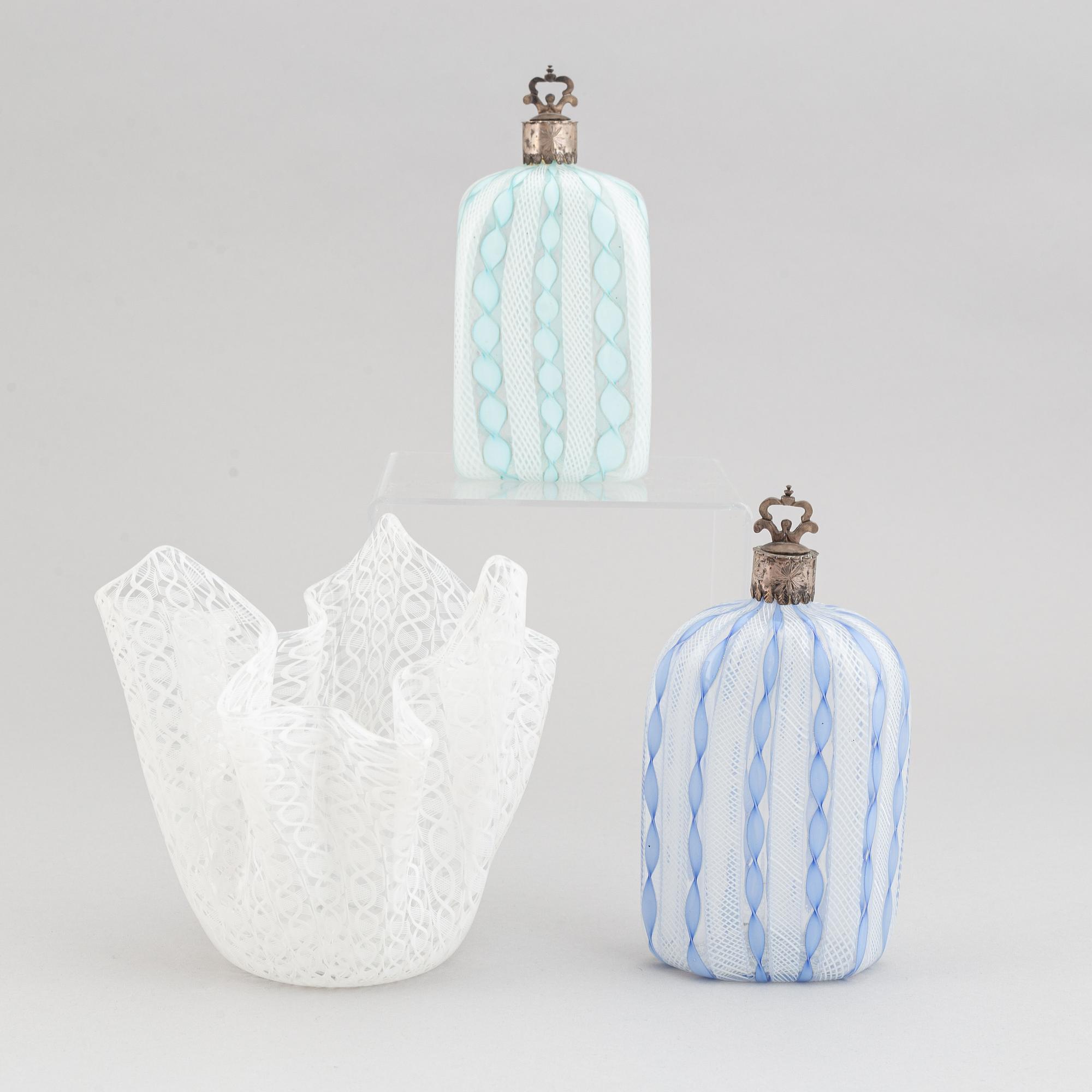 An Italian glass bowl and two bottles with stoppers, unsigned.