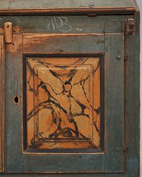 A polychrome-painted writing-cabinet attributed to J. Bäckström (1773-1837), dated 1828.