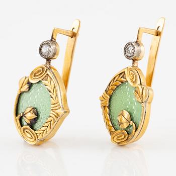 A pair of earrings 14K gold with green enamel and old-cut diamonds, St. Petersburg Russia, 1899-1908.