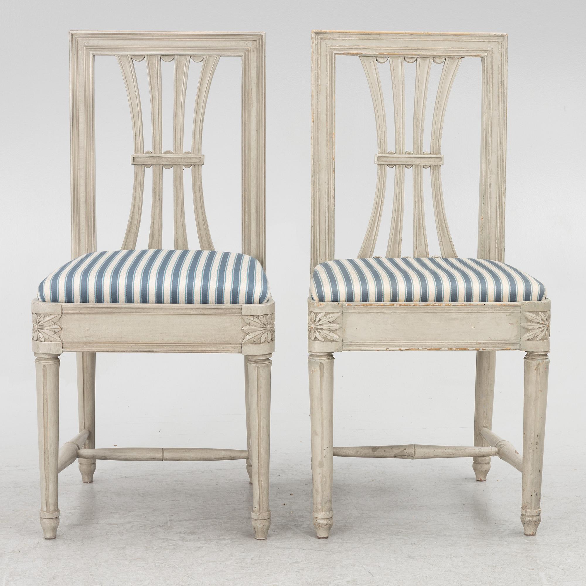 A set of four late Gustavian chairs, circa 1800 and four late Gustavian style chairs, late 20th century.