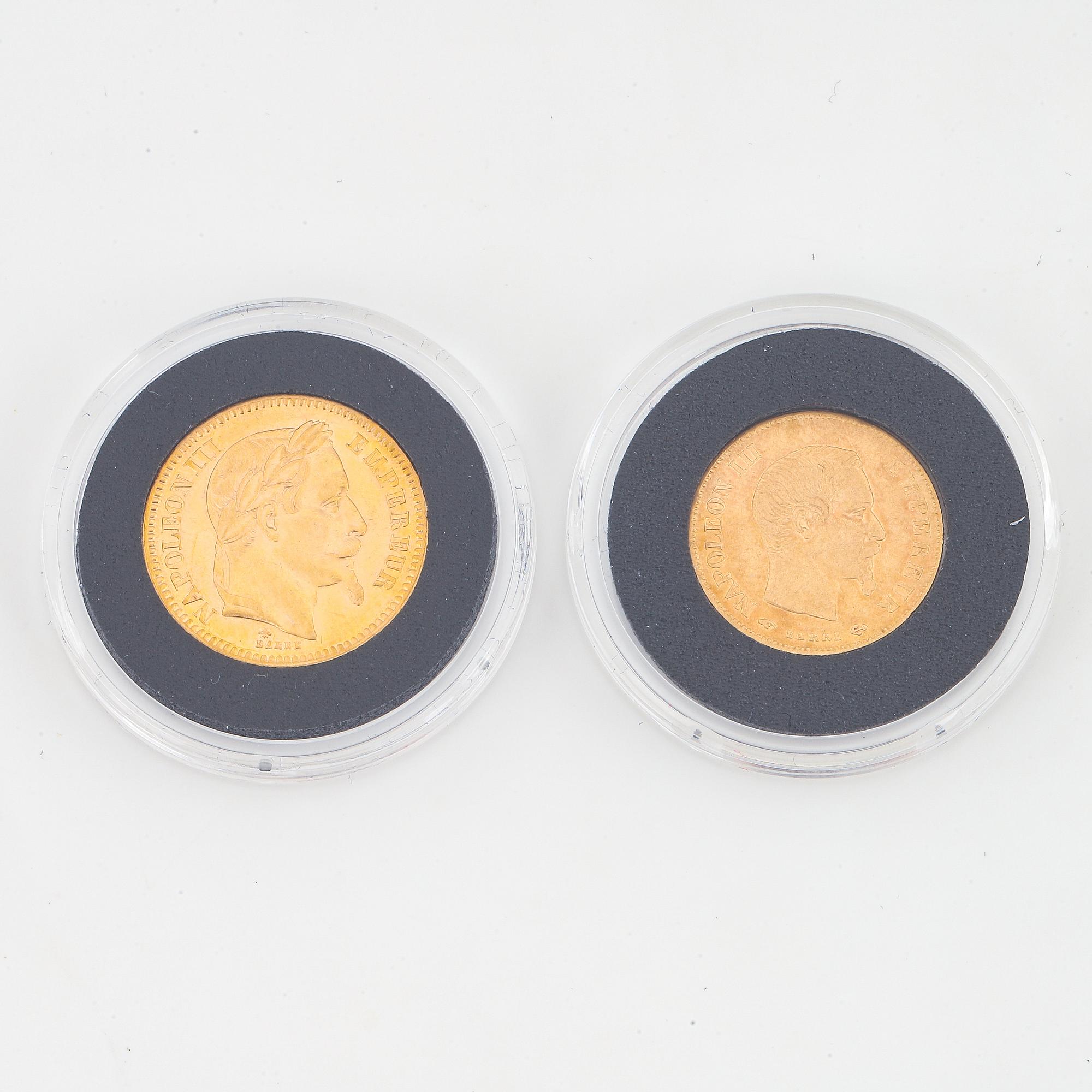 Napoleon III, France, two gold coins, 20 Franc, 1866 and 10 Francs 1859.
