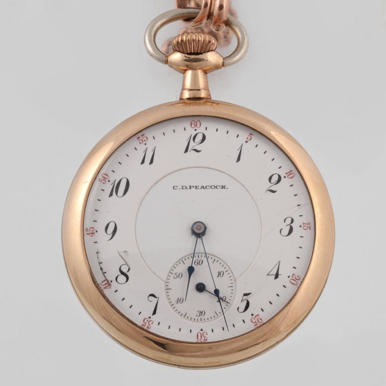 FICKUR, 14K respektive klockkedja i 8K guld, Elgin, USA, sekelskiftet 18/1900.