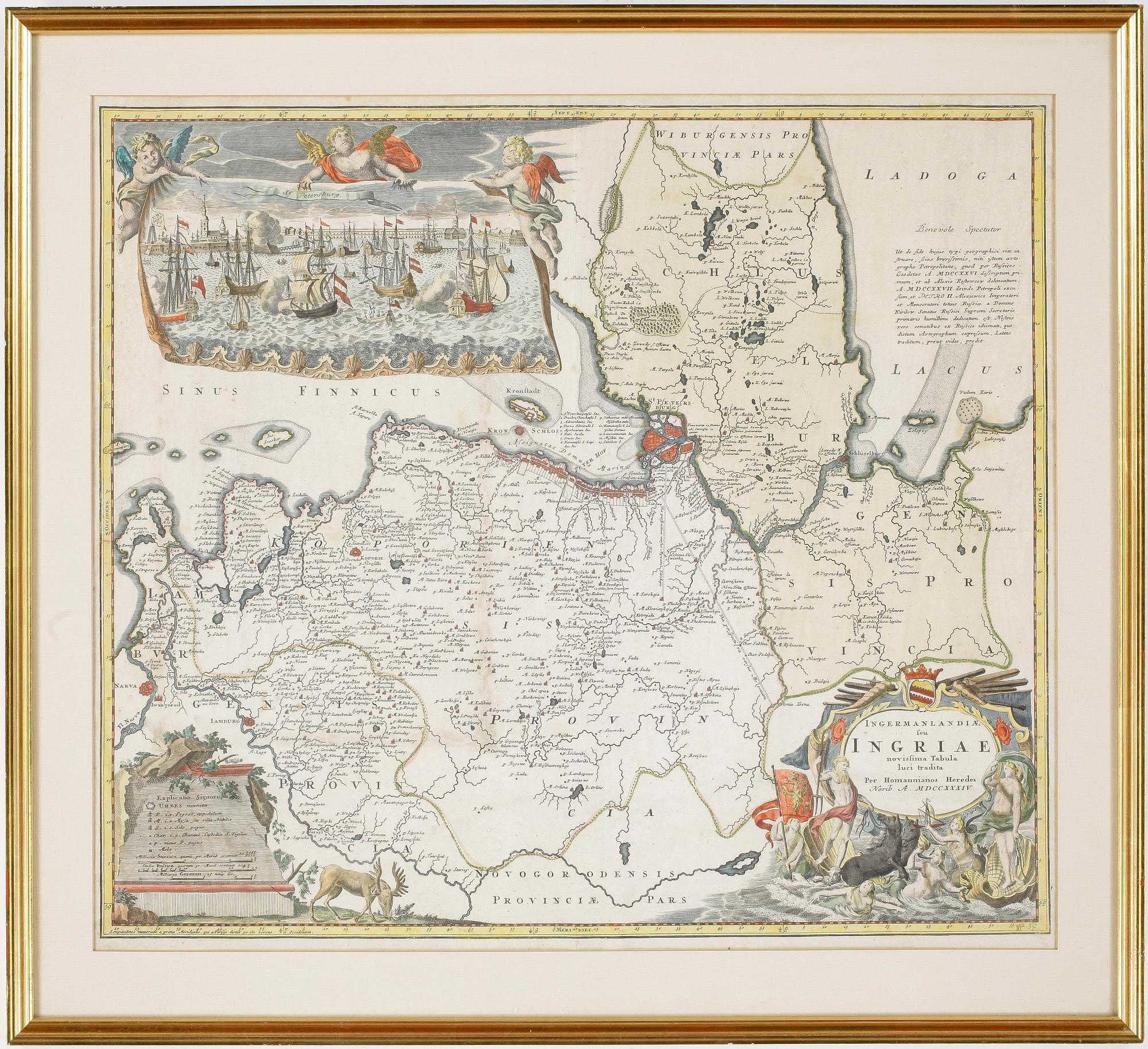KARTA, delvis kolorerad, utgiven av Homann, Nuremberg, 1700-talets första hälft.