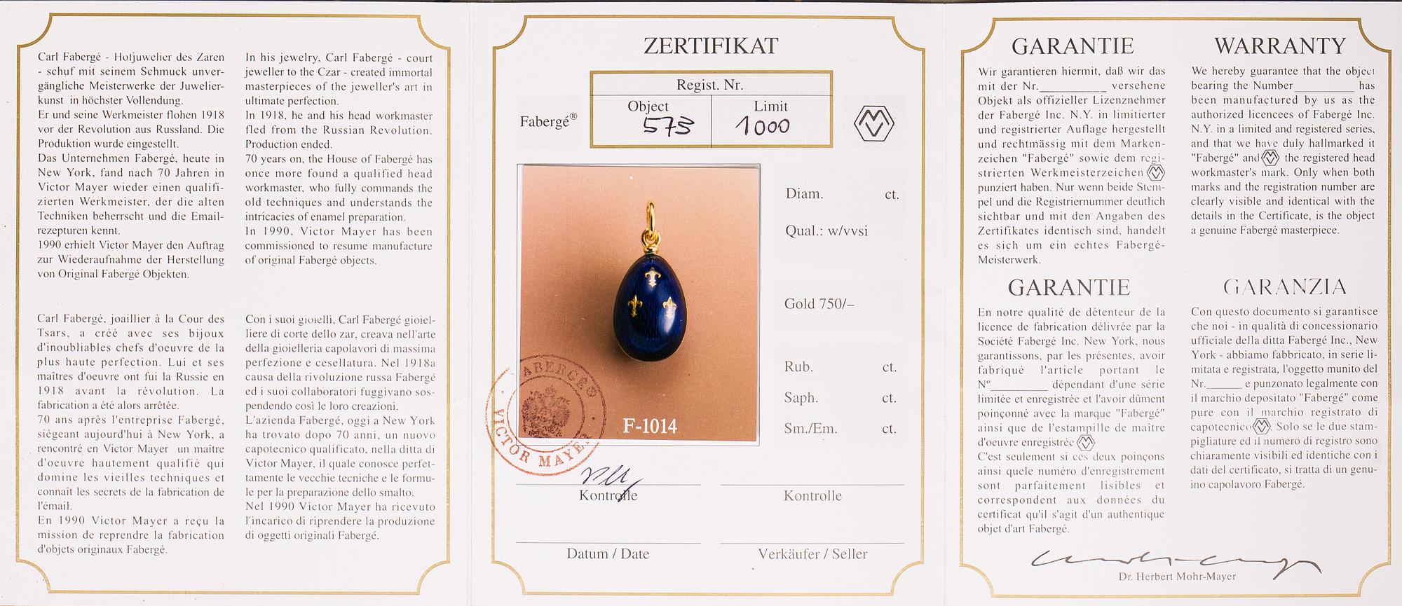 Fabergé, An 18K gold and enamel egg shaped pendant. Marked Fabergé, 573/1000. Victor Mayer.