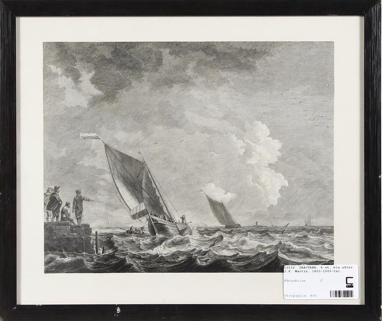 GRAVYRER, 4 st, bla efter J.F. Martin, 1800-1900-tal.