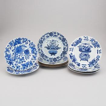 A set of nine blue and white plates, Qing dynasty, 18th Century, and three of them 19th Century.