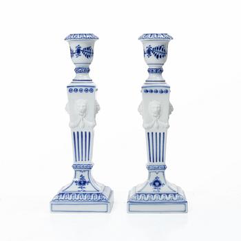 Royal Copenhagen, Candlesticks, a pair, porcelain, "Musselmalet", Denmark, 1935–1936 & 1980–1984.