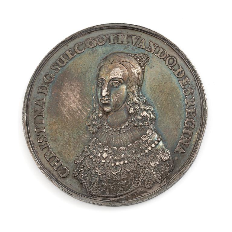 Minnespening, Kristina utkorad till drottning efter faderns död 1632, av Sebastian Dadler (medaljgravör, 1586-1657).