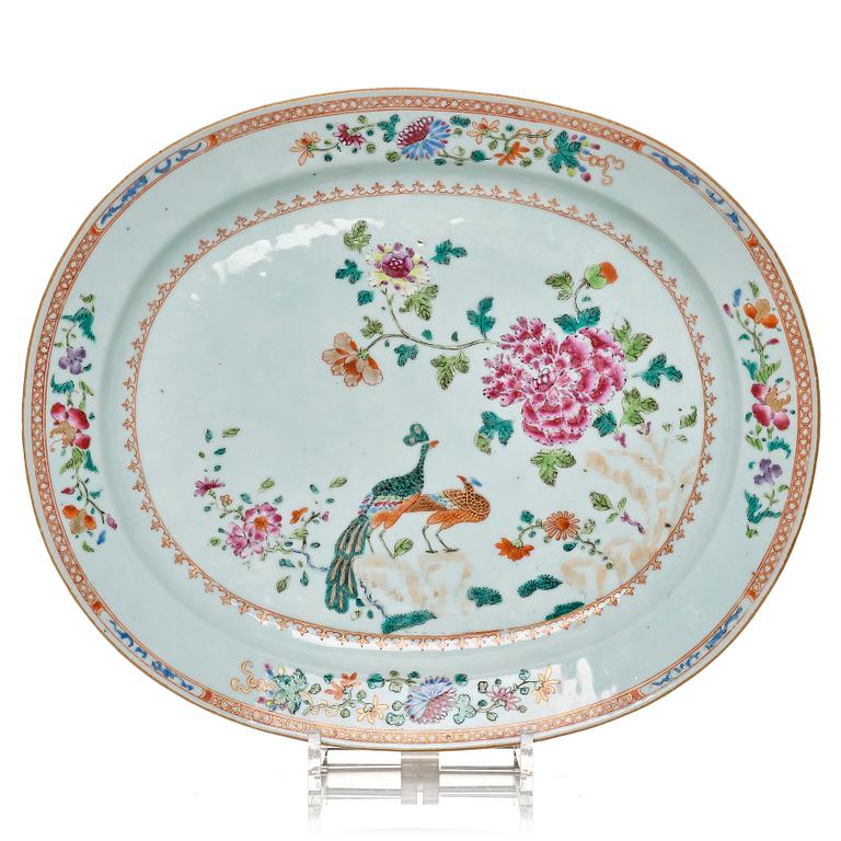A famille rose 'double peacock' serving dish, Qing dynasty, Qianlong (1736-95).