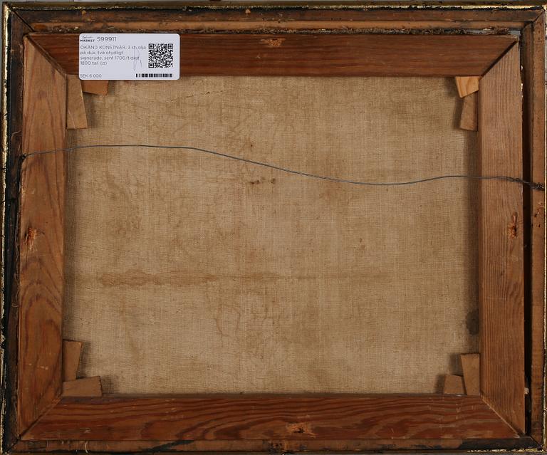 OKÄND KONSTNÄR, olja på duk, 3 st, två otydligt signerade, sent 1700-/tidigt 1800 tal.