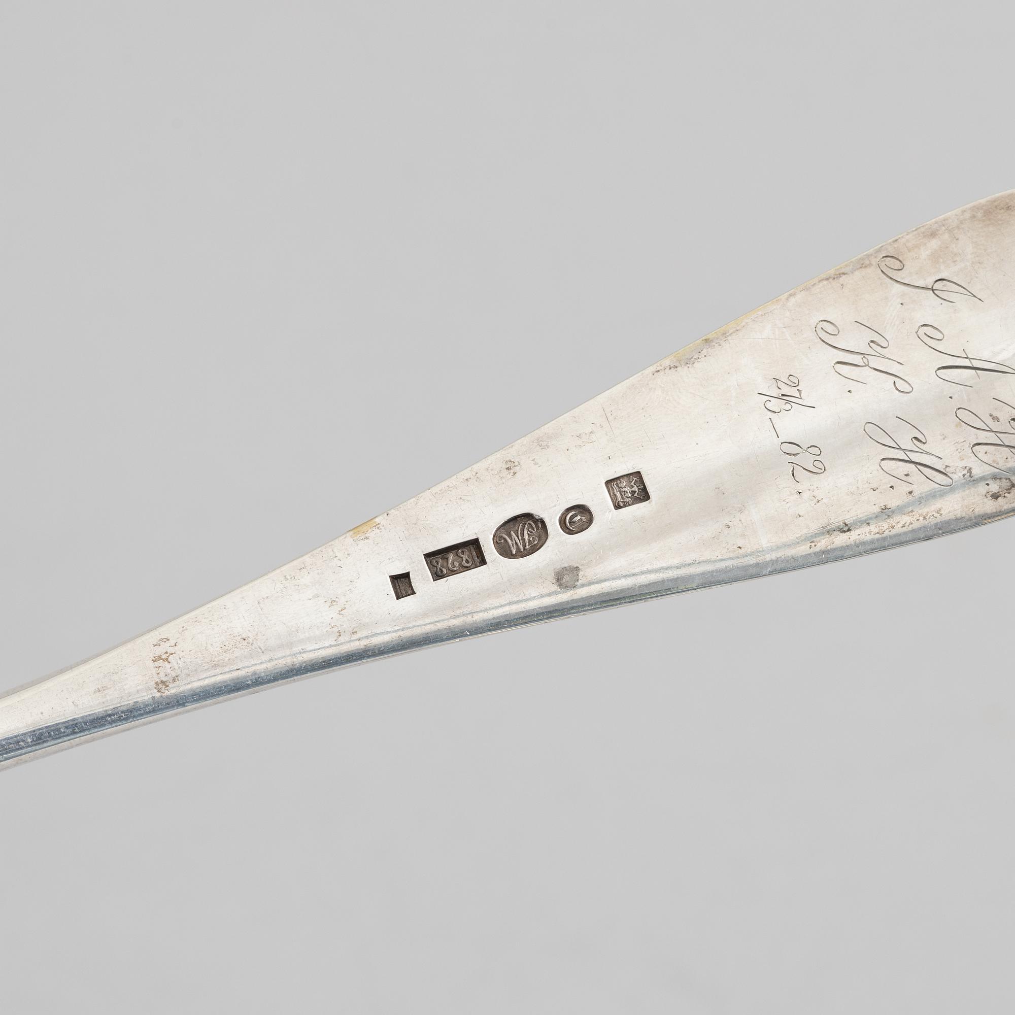 Two serving spoons, low-grade silver, 19th Century, possibly marks of Jacob Andreas Mort, Oslo (1796 - 1854) and of.