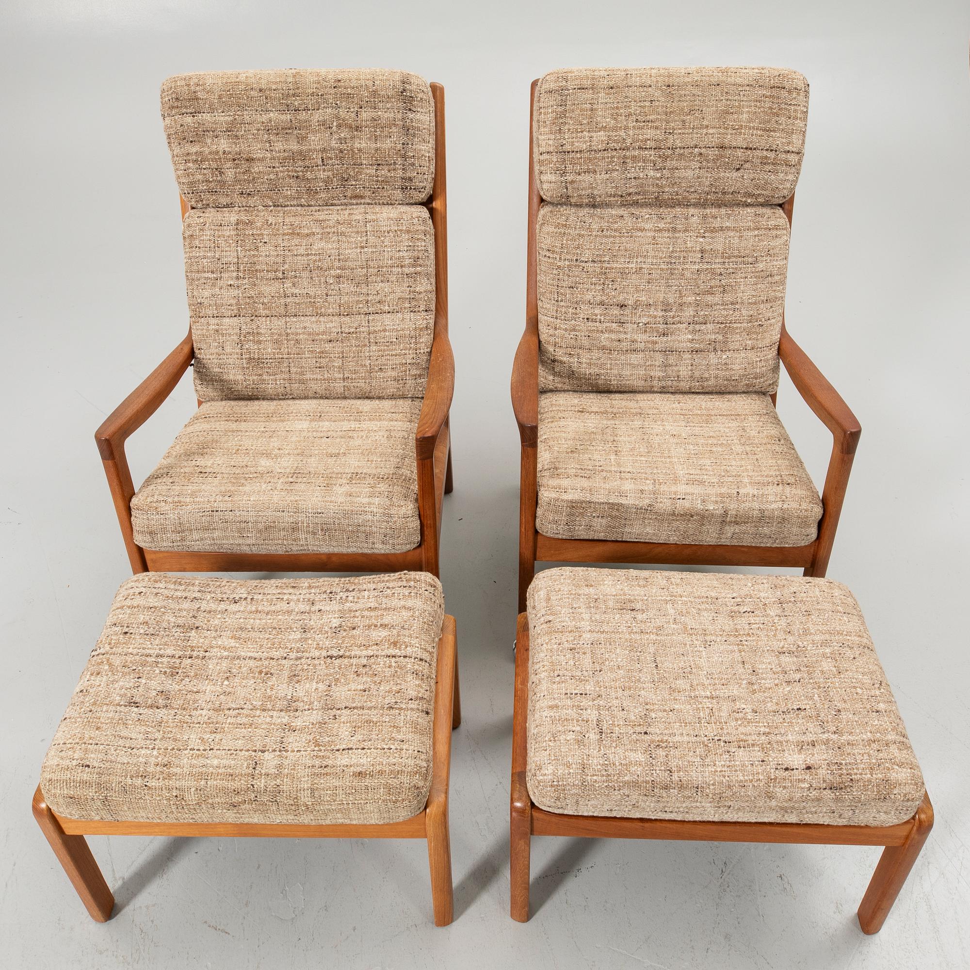 Ole Wanscher, Pair of armchairs with footstool, “Senator”, Cado, second half of the 20th century.