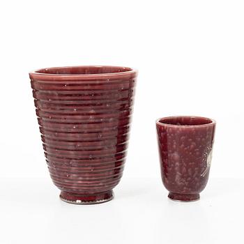 Wilhelm Kåge, two red 'Argenta' vases, stoneware, Gustavsberg, Sweden.