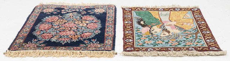 Two rugs, a figural Tabriz, c. 62 x 47 cm, & a Kerman, c. 64 x 51 cm.