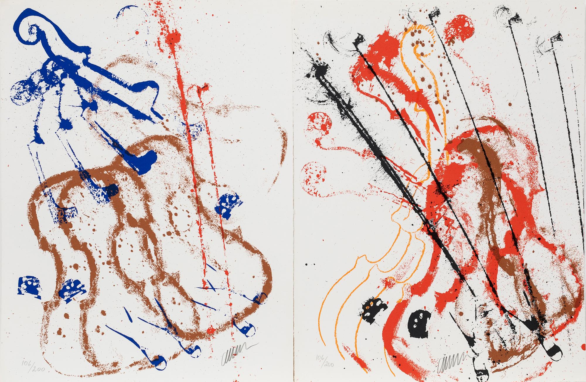 Arman (Armand Pierre Fernandez), Mapp, 2 av 3 blad, "Accords A Cordes" Trois Serigraphies Arman.
