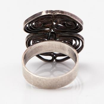 Liisa Vitali, "Kissantassut", a pari of sterling silver earrings and a ring. Westerback, Helsinki 1971.