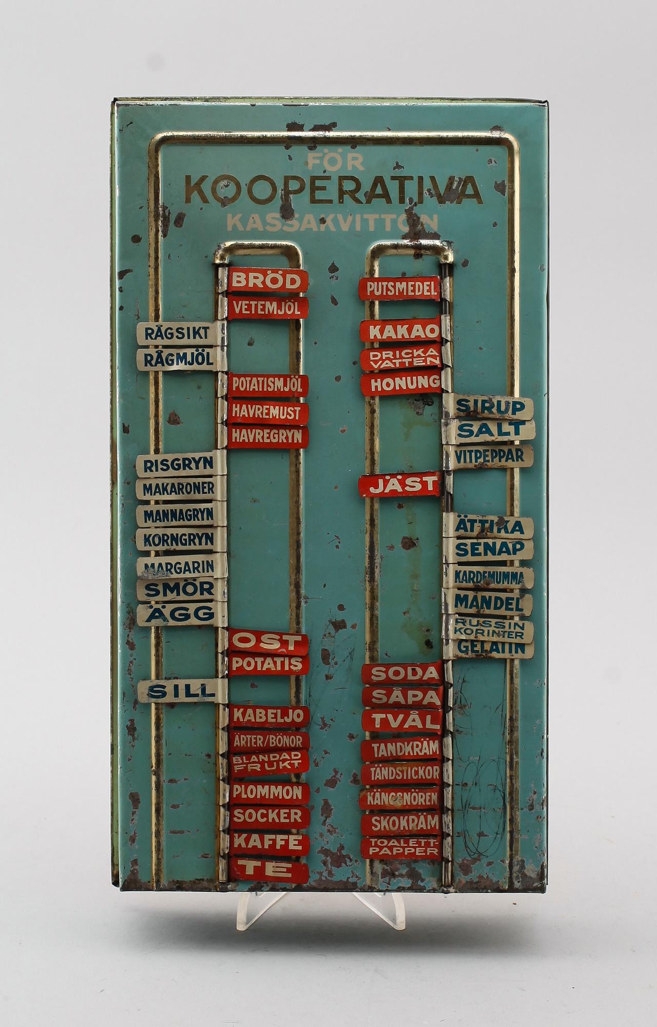 INKÖPSTAVLA TILL HUSHÅLLET, plåt, 1930/40-tal.