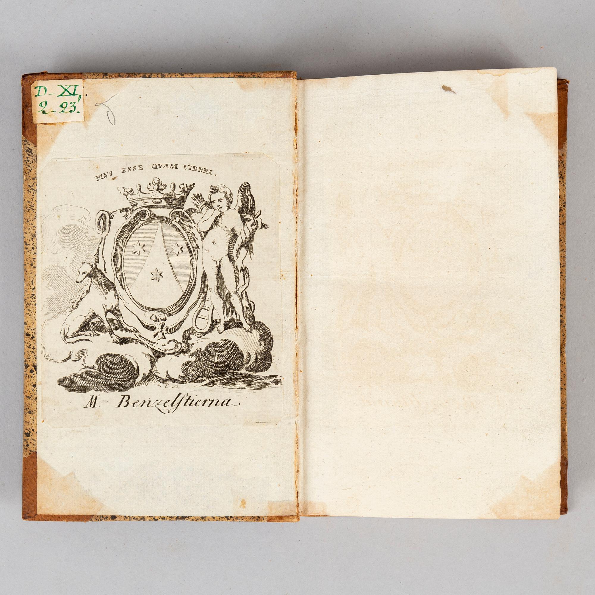 Upptagen på ”Index librorum prohibitorum”, proveniens: M. Benzelstierna.