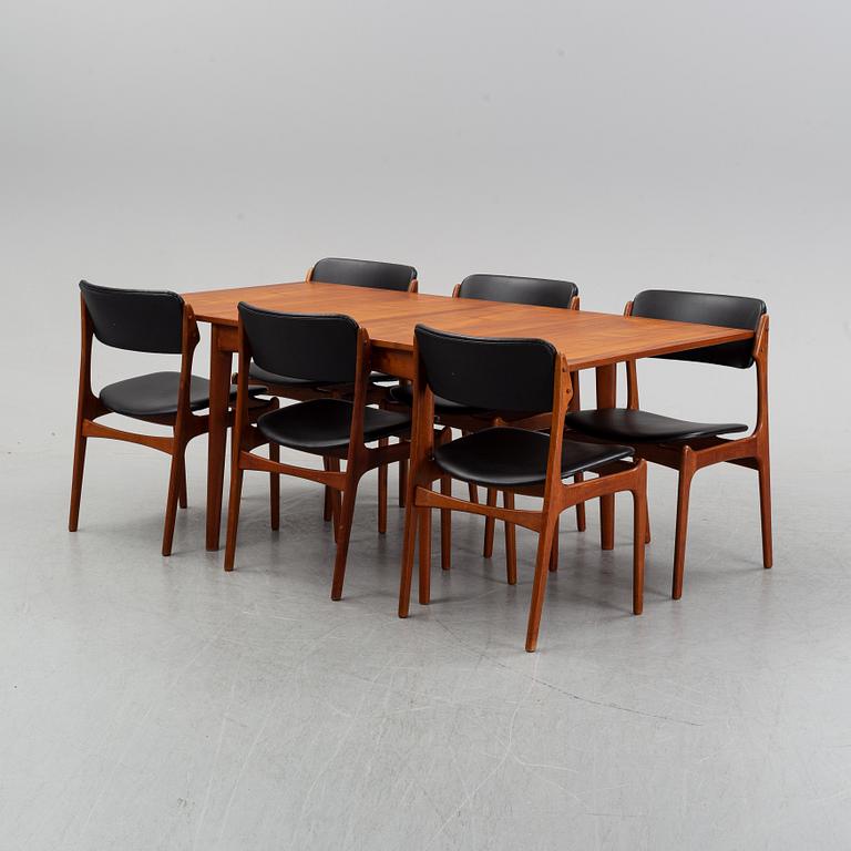 A teak dining group, table and six chairs model no. 49, designed by Erik Buch, Denmark, in 1949.