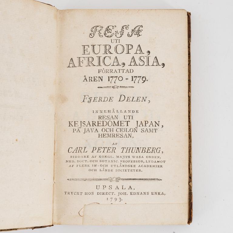 Books, four volumes,  Carl Peter Thunberg, Resa uti Europa, Africa, Asia 1770-1779. I-IV.
