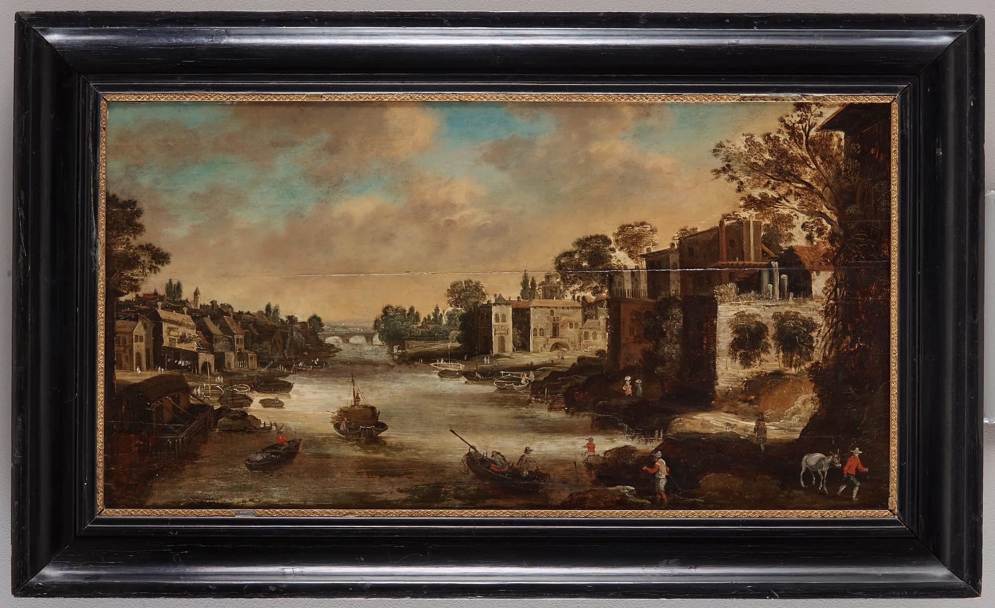 Unknown artist 17/18th Century. River landscape with buildings along the beaches.