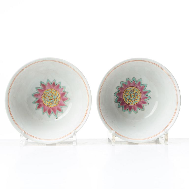 A pair of famille rose marriage bowls, probably republic, 20th Century.