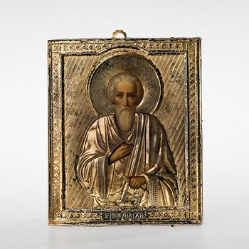 IKON, tempera på pannå, förgylld silverrisa, Ryssland 1800-talets slut.