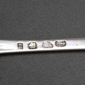 Four serving spoons and totally nine tablespoons, silver,  18th and 20th Century.